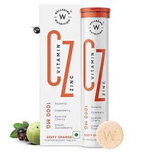 Wellbeing Nutrition Vitamin C + Zinc | Natural and Organic Immunity Booster | 100% RDA | 1000mg Vitamin C (Pack of 16 Effervescent Tablets)