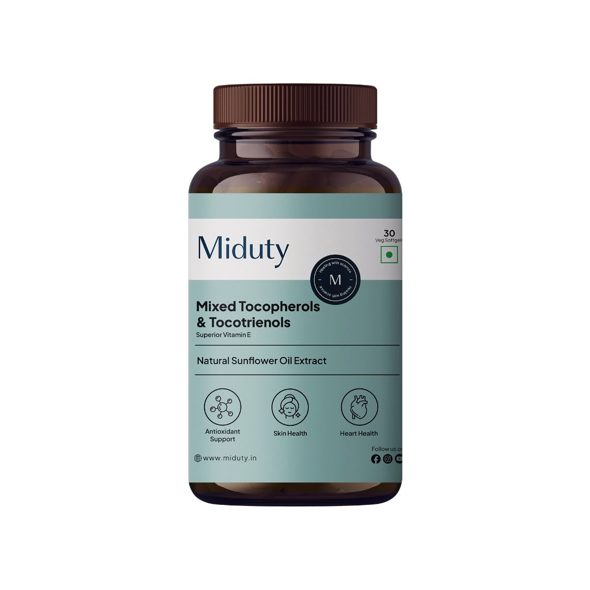 

Miduty Mixed Tocopherols & Tocotrienols - Vitamin E - Antioxidant - Heart & Skin Health - 30 Softgels