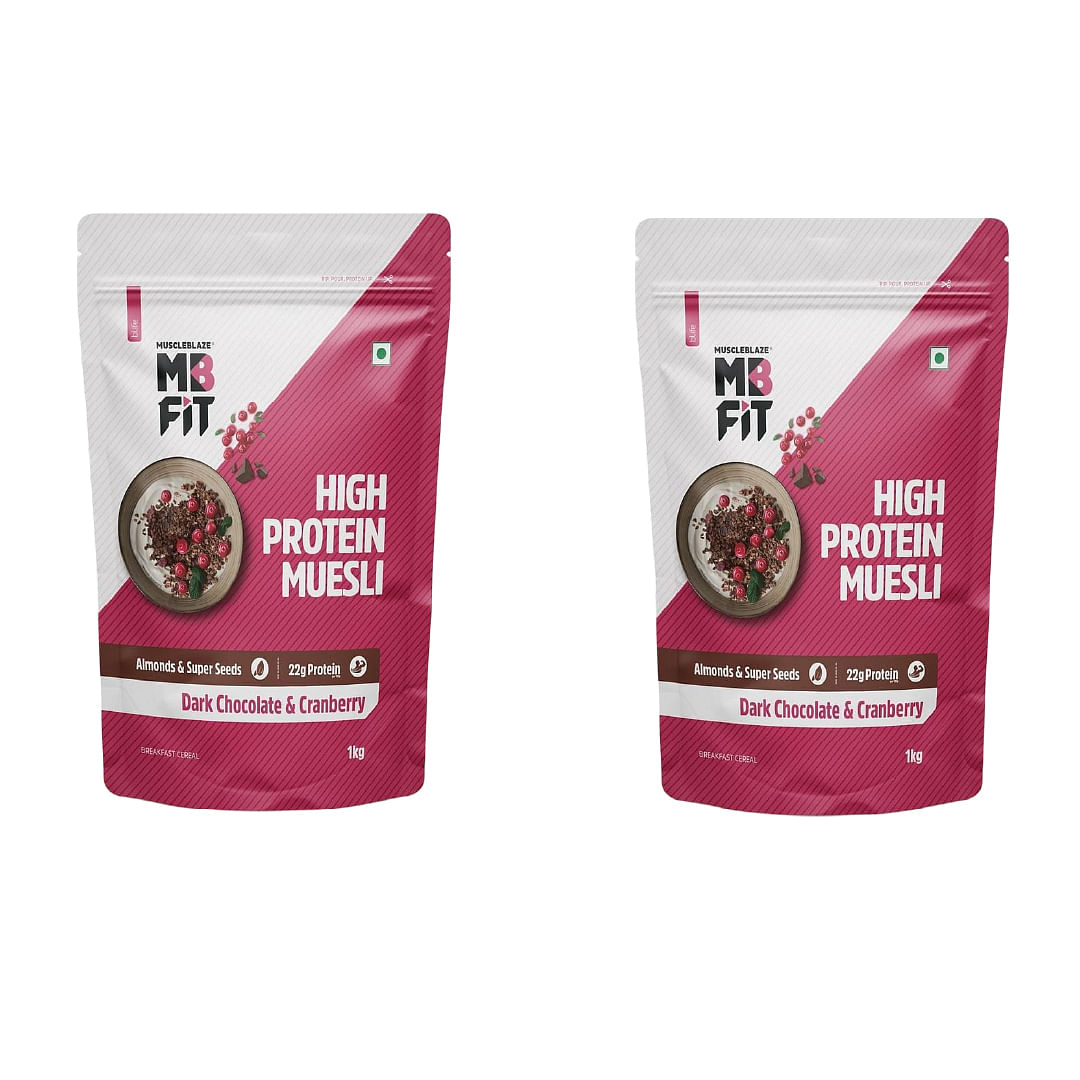 

MuscleBlaze Fit High Protein Muesli 1kg | 22g Protein | Dark Chocolate & Cranberry | Almonds & Super Seeds | Pack of 2