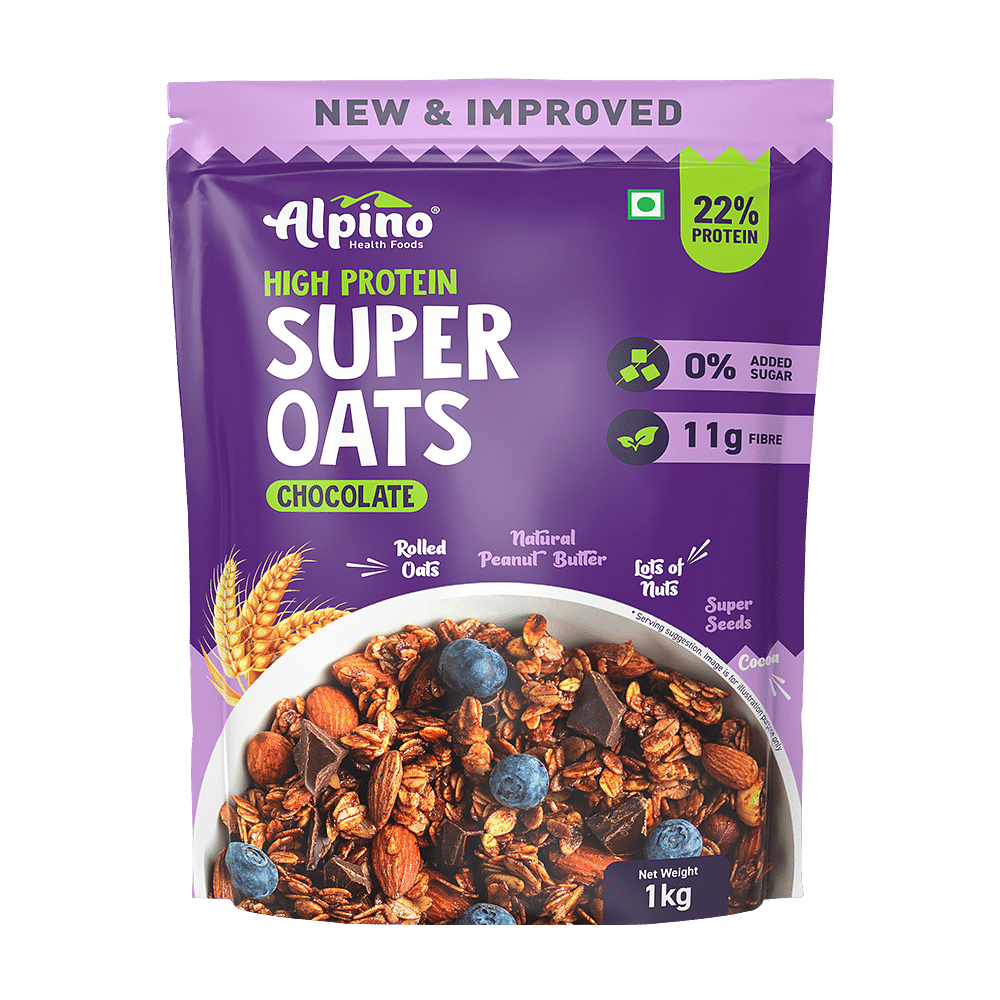 Alpino Peanut Butter Super Oats Chocolate| Single Pack | 21% High Protein | Rolled Oats, Chocolate Peanut Butter & Cocoa | No Added Sugar & Salt | Gluten-Free | Vegan - 1kg