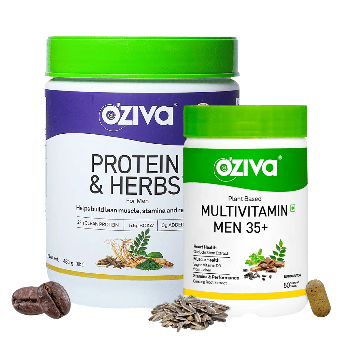

OZiva Protein & Herbs for Men - Cafe Mocha, (453g) and Plant Based Multivitamins for Men (50 Vegetarian Capsules )