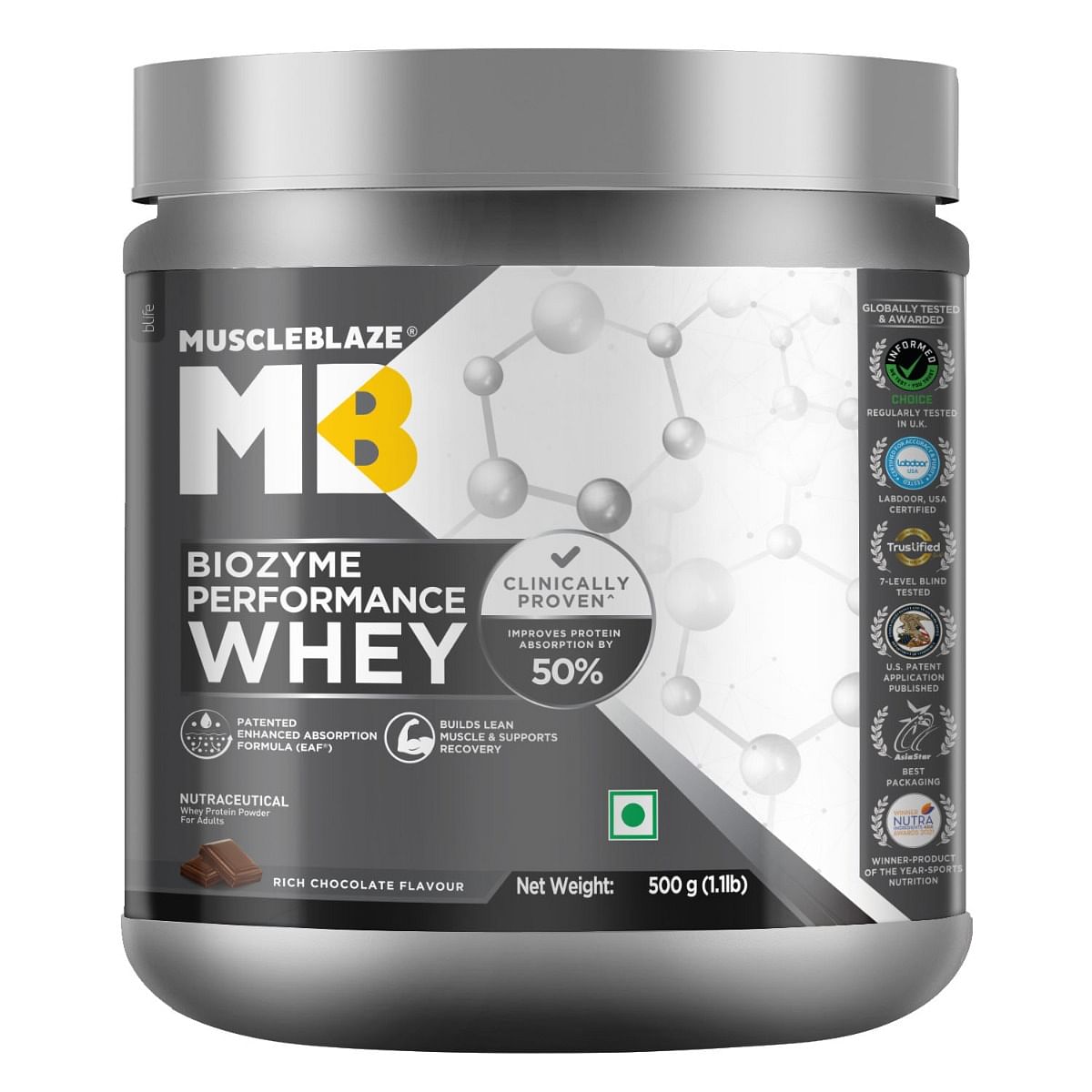 

MuscleBlaze MB Biozyme Performance Whey 500g | 14 Serving | Rich Chocolate Flavour | Muscle Gain