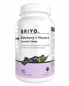 Briyo Elderberry plus Vitamin C - 90 Chewable Tablets - For Daily Immune support (Natural Berry Flavour)