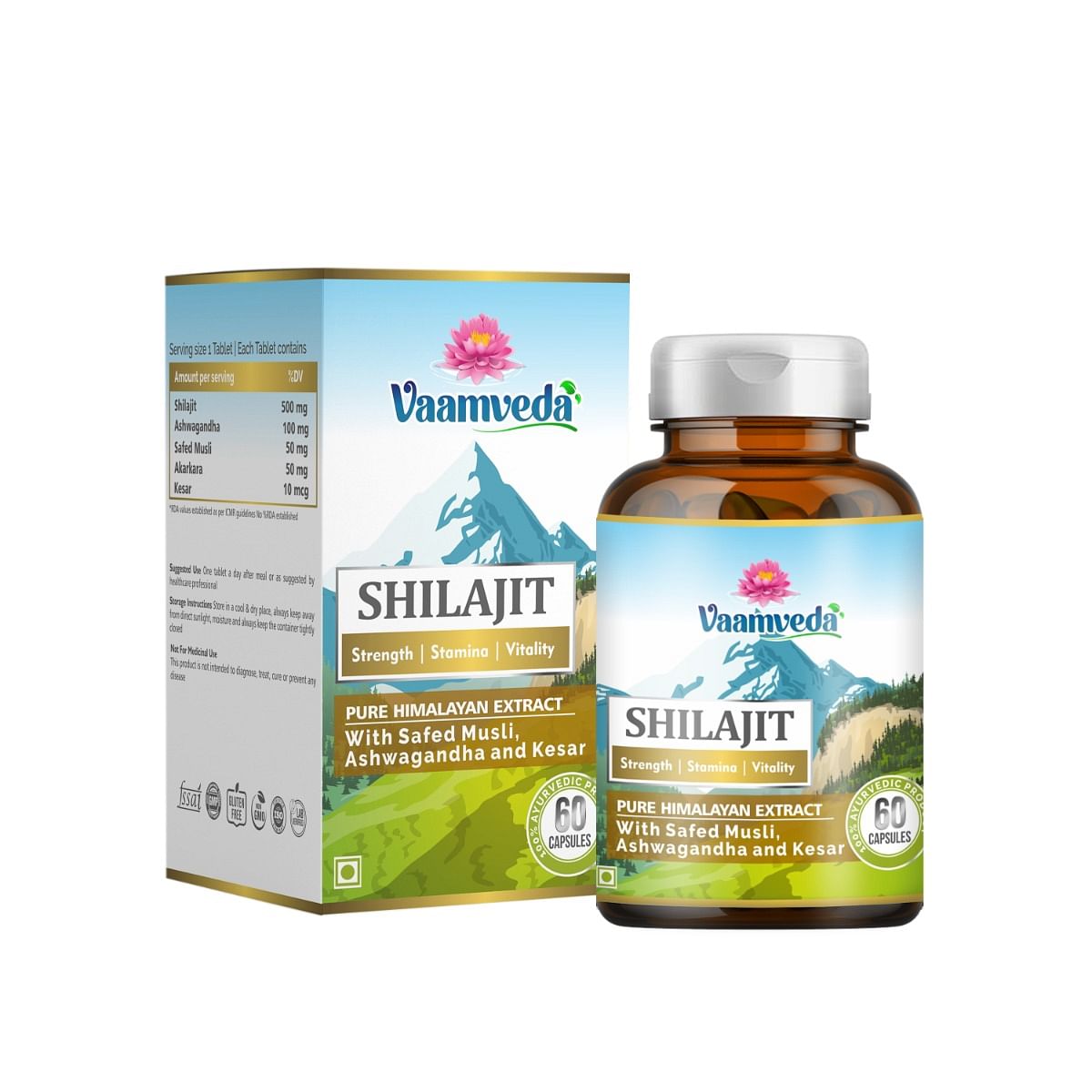 

Vaamveda Shilajit Capsules for Men with Ashwagandha Safed Musli Akarkara and Kesar – 60 Ayurvedic Capsules