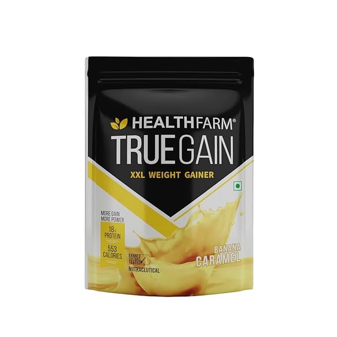 

Healthfarm XXL Mass Building Weight Gainer, Muscle Mass Gains, w/18g Protein,2.25 g Creatine, High Calories,Banana Caramel,1kg