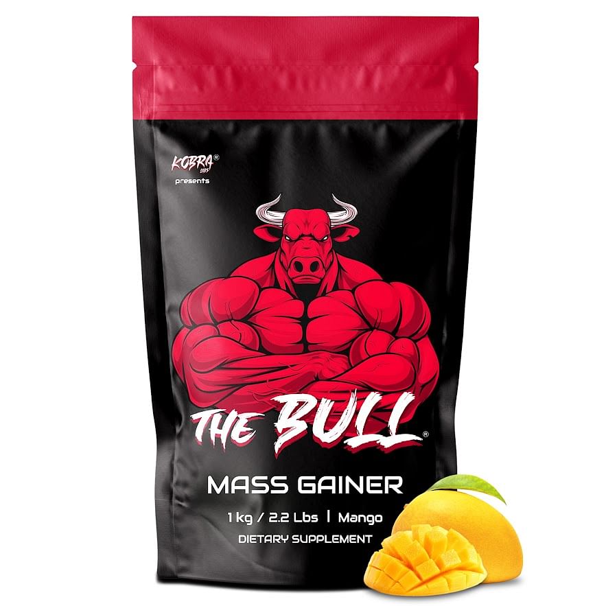 

Kobra Labs The Bull Mass Gainer with 23 Vitamins & Minerals, High Protein and Calories (1kg, Mango)