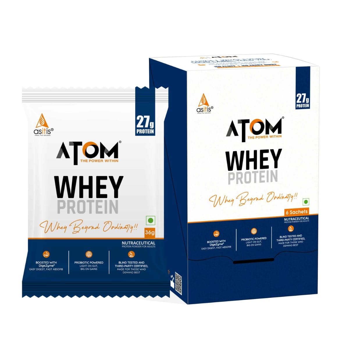 

AS-IT-IS ATOM Whey Protein - Isolate & Concentrate Blend I 27g Protein, DigeZyme & Probiotics, Light on Gut, Big on Gains, Easy to Carry Anywhere (...