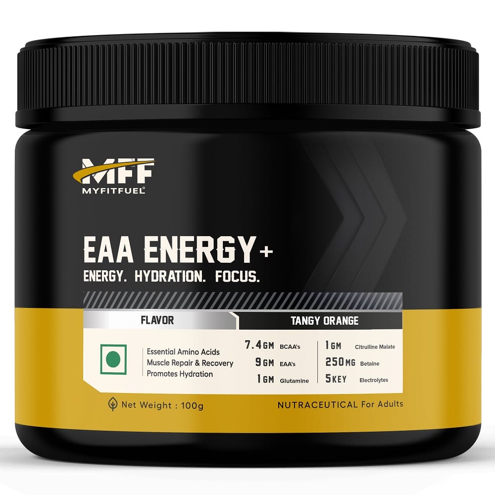 

MyFitFuel Anytime EAA Energy (100g, Tangy Orange) (Essential Amino with Hydration) Muscle Repair & Recovery With Glutamine, Electrolytes, Citrullin...