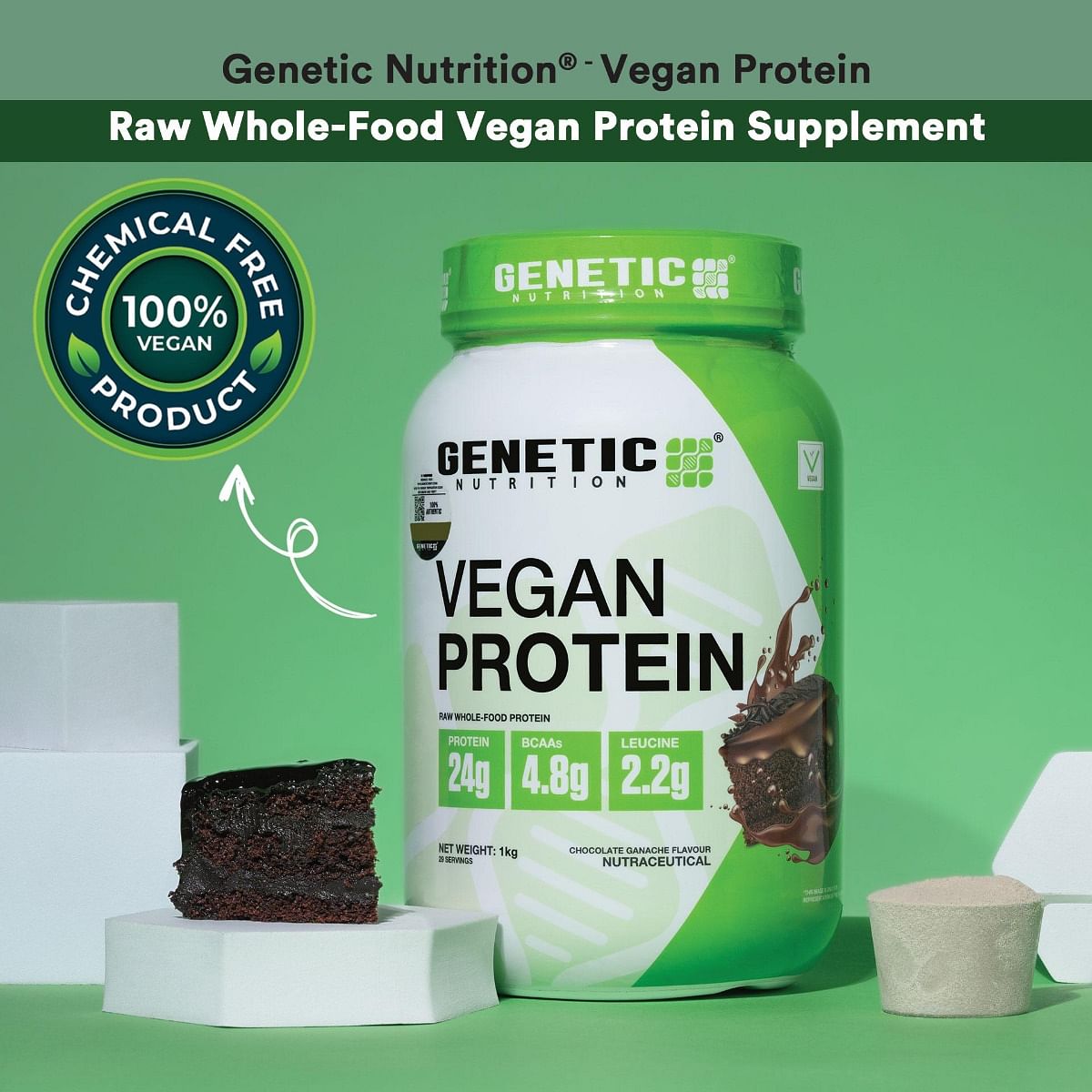 

Genetic Nutrition Vegan Protein Supplement Powder - Chocolate, 1 KG (2.2lbs)