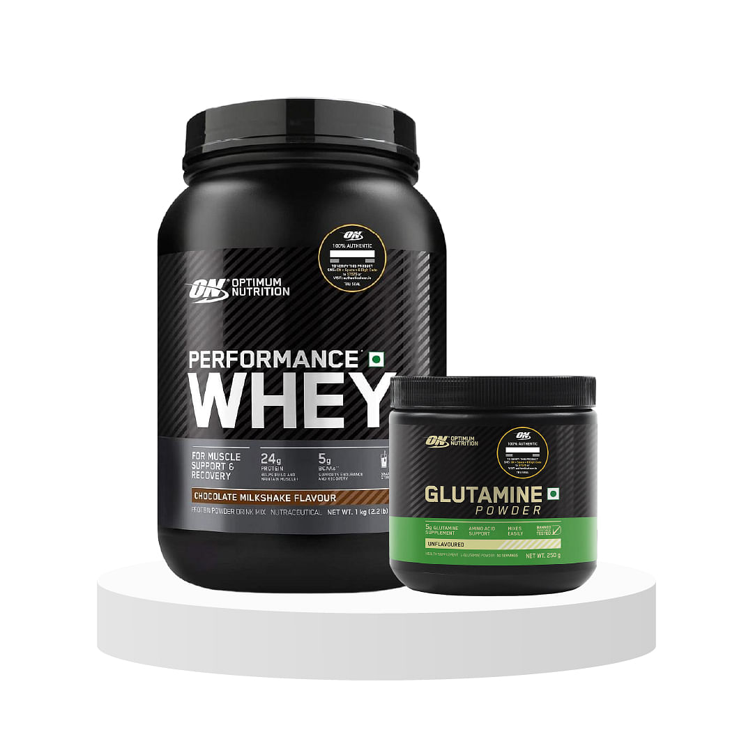 

Shop Optimum Nutrition (ON) Performance Whey Protein Powder,1Kg,Choco & Optimum Nutrition (ON) L-Glutamine Powder-250g, 50Serves, Unflavoured