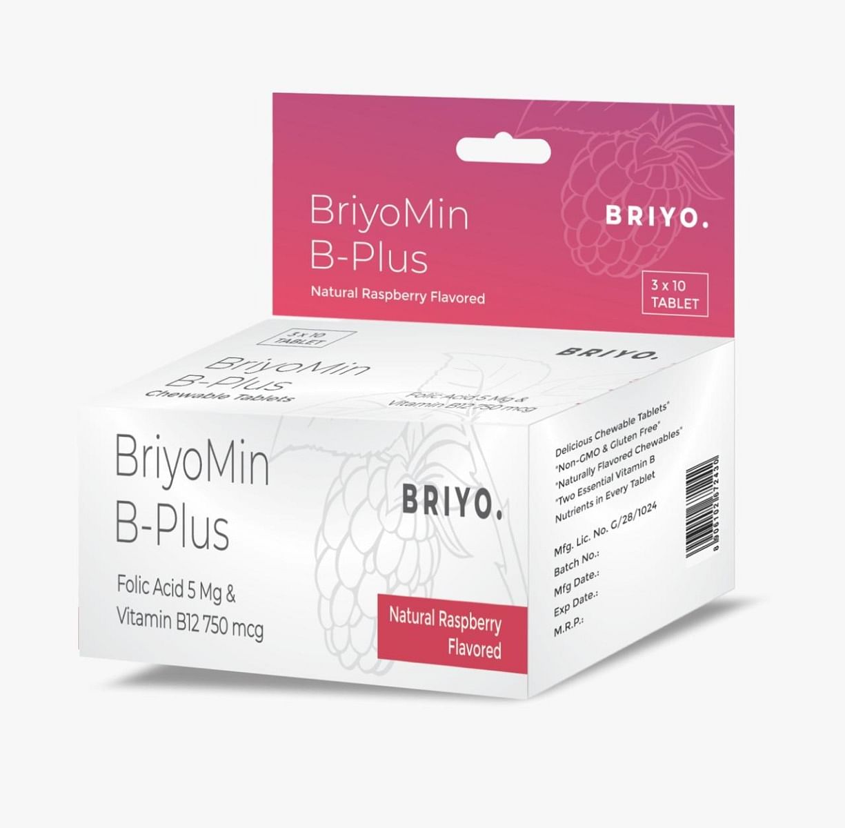 

Briyo Briyomin B Plus: Raspberry Flavored Chewable Tablets - 5 mg Folic Acid & 750 mcg Vitamin B12 Supports Red Blood Cells, DNA Synthesis, and Ner...