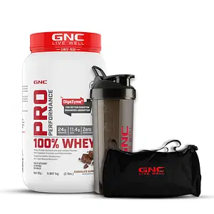 GNC 100% Whey Protein Powder, Gym Bag, Black Plastic Shaker Trio | Chocolate Supreme | 2 lbs | Speeds Up Muscle Recovery | Boosts Lean Muscle Growth | DigeZyme® For Easy Digestion 