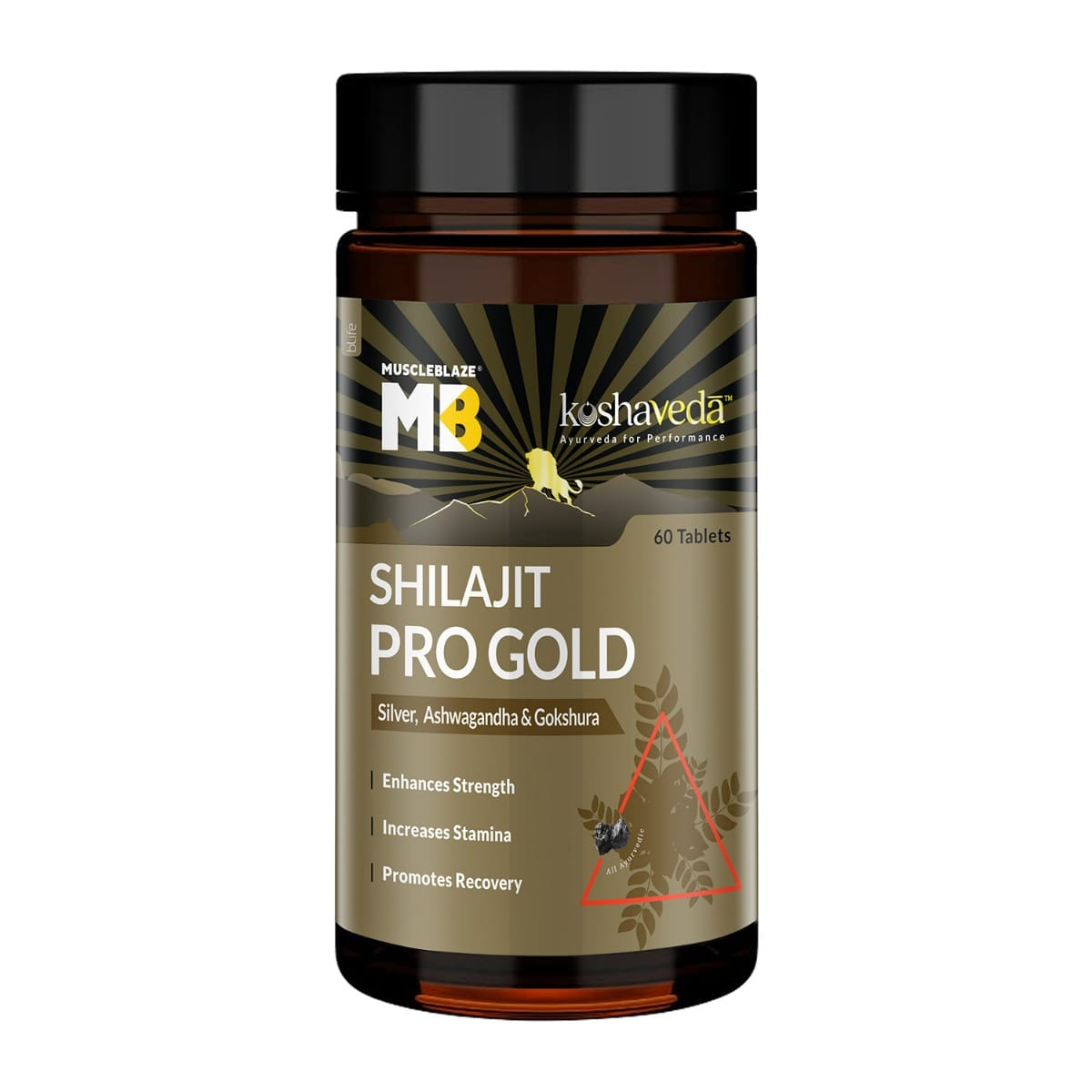 Koshaveda Shilajit Pro Gold by MuscleBlaze | Fortified with 24 Carat Gold, Shilajit, Ashwagandha & Gokshura | For Strength, Stamina & Recovery (60 Tablets)