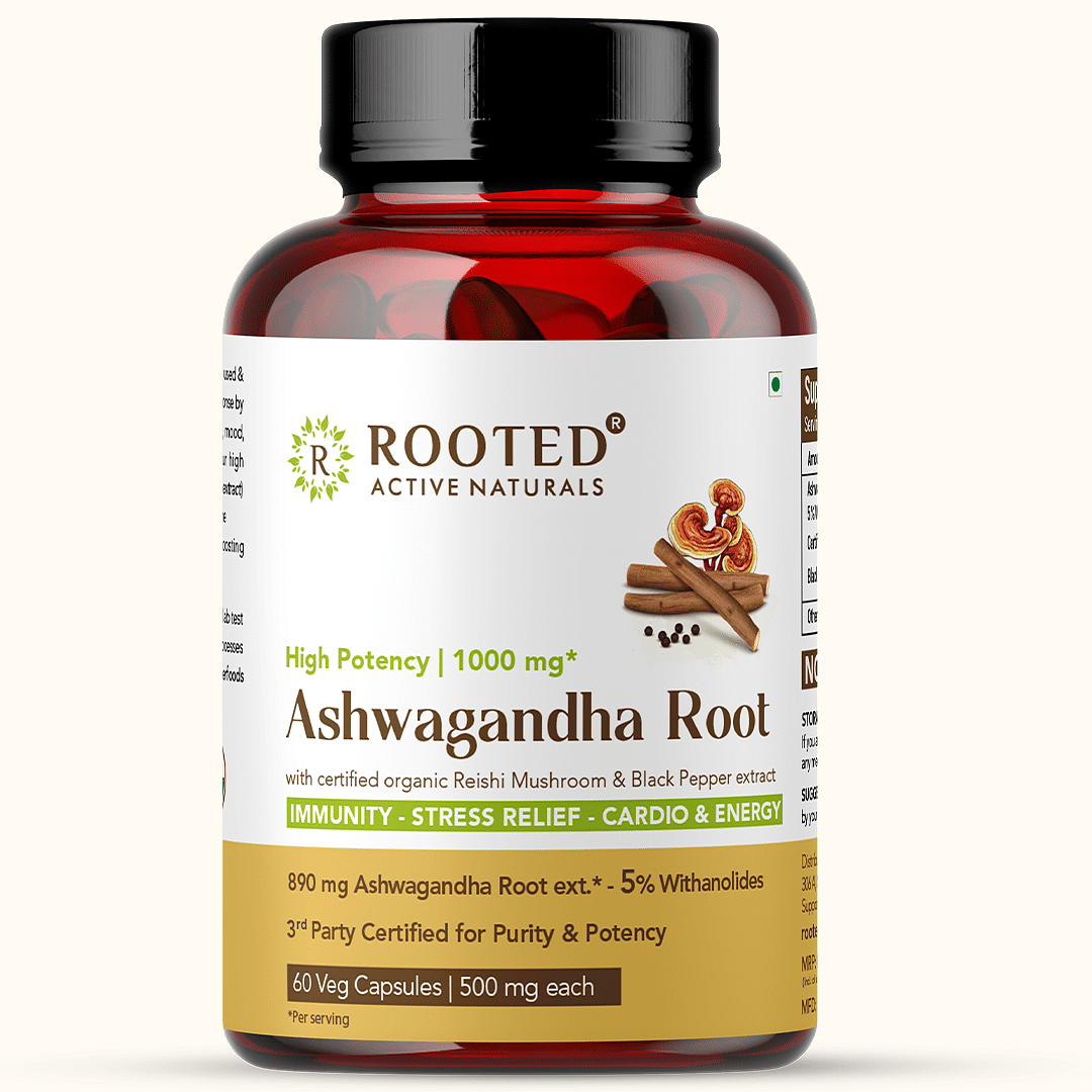 

Rooted Actives Ashwagandha extract (5% Withanolides, 60 Caps, 500 mg ) with Reishi & Black pepper extract |Stress Relief,Cardio & Energy,Immunity,L...