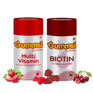 Gummsi Multivitamin & Biotin Gummies | Hair Growth with Fibre, Zinc, Iron | Stronger Muscles, Bones & Immunity, & Increases Energy | 30 Gummies Each (Pack of 2)