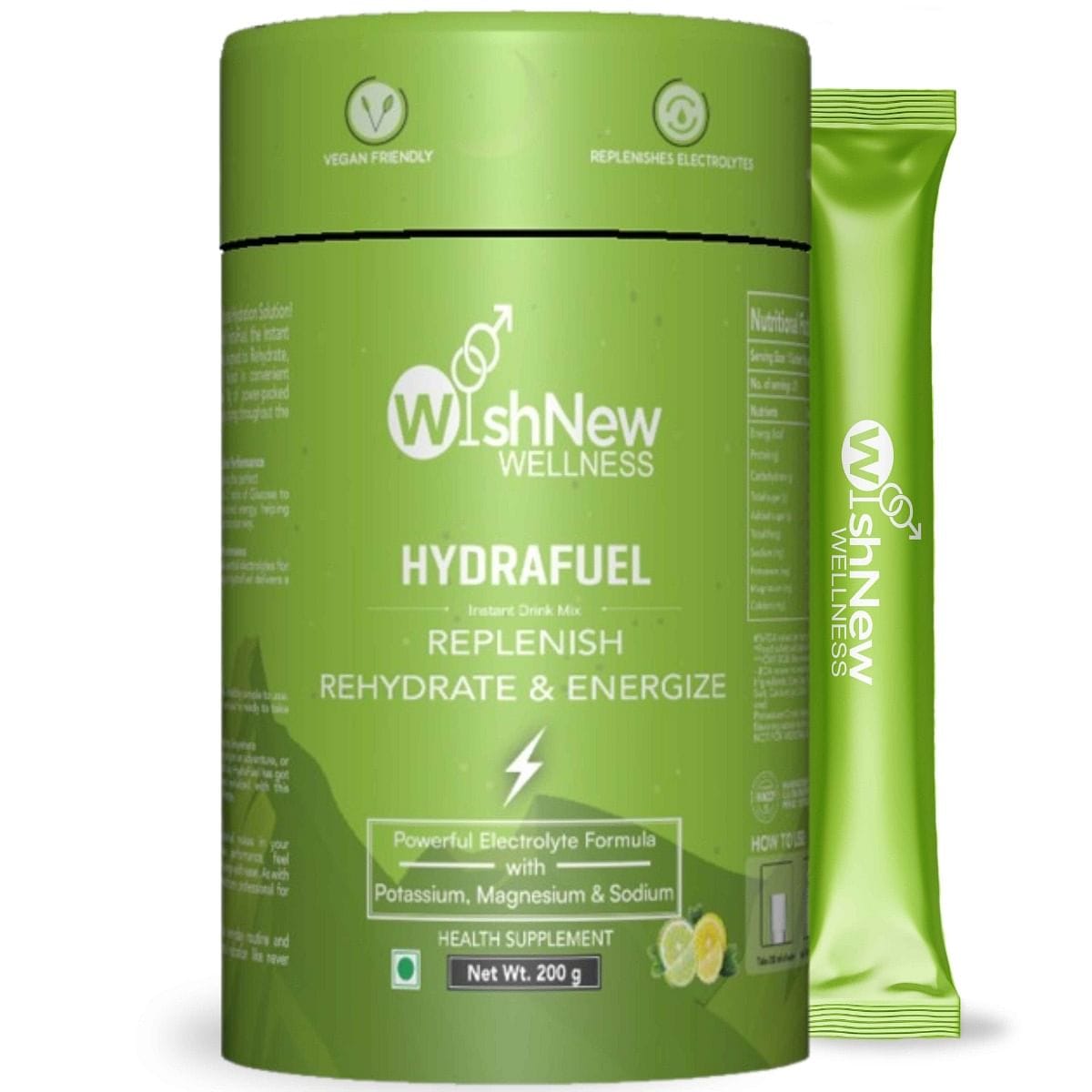 WishNew Wellness HYDRAFUEL Lemon & Lime Instant Drink Mix, 20 Servings | Refreshing Hydration & Energy Boost | 100% Veg| 1 Sachet (10g) Serving
