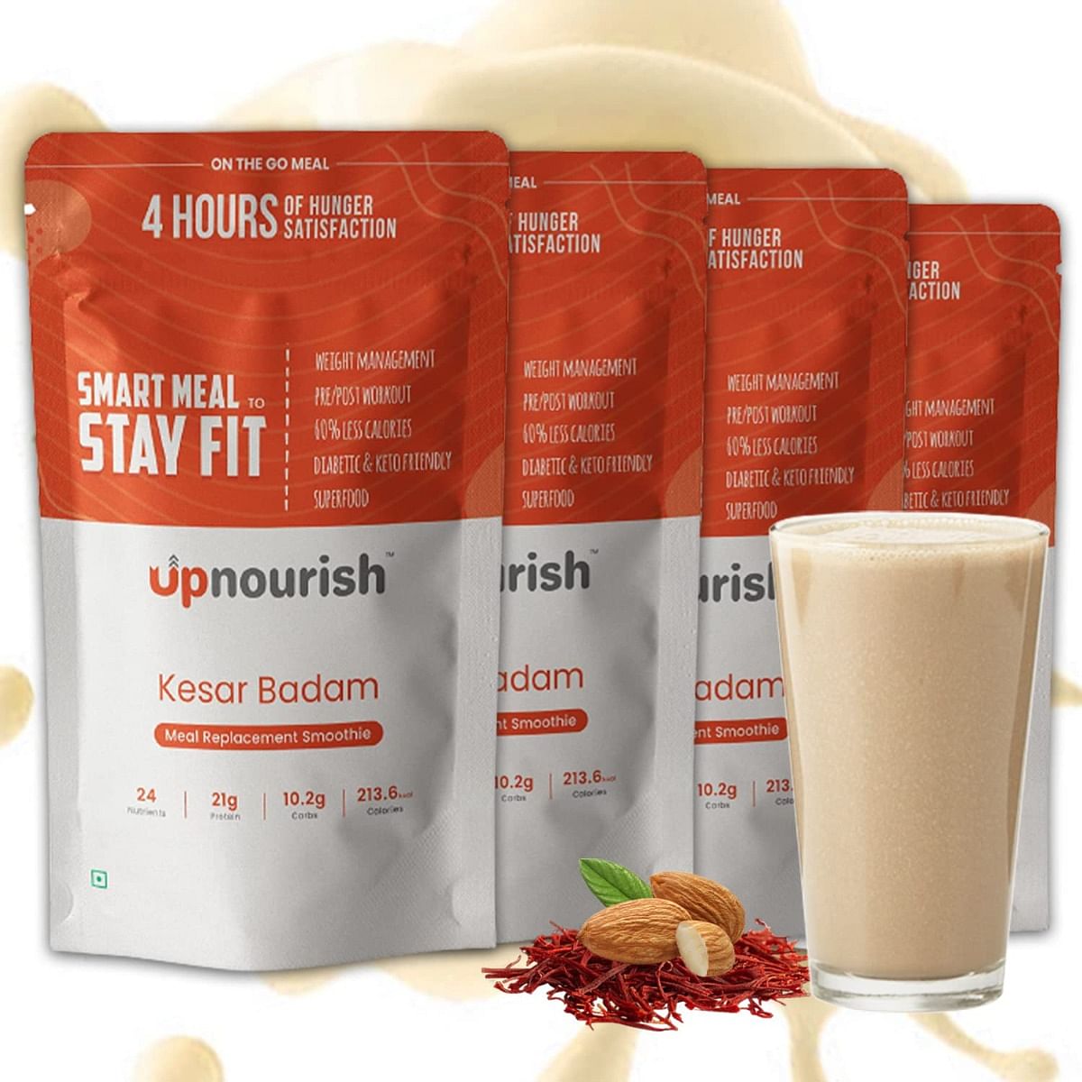 

Upnourish Meal Replacement Shake, 50g, Pack of 4 | Kesar Badam Weight Loss Smoothie | Dietary Supplement Rich in Proteins (21g), MCTs, Probiotics a...