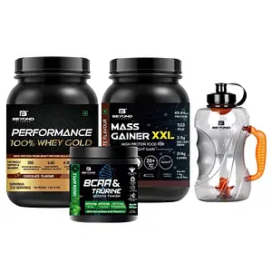 Beyond Fitness Beast Mode Gold Combo Pro (Mass Gainer XXL 1kg- 100% Whey Gold Protein 1kg-BCAA Isotonic energy drink 500gm+1.5 ltr gallon)