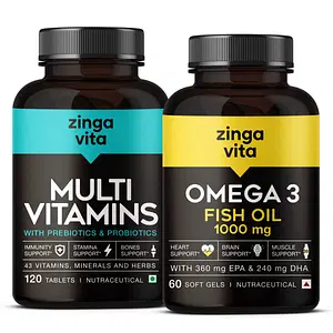 Zingavita Multivitamin and Fish Oil Combo | Multivitamin Tablets with Probiotics & Prebiotics (120 Tablets) + Maximum Strength Omega 3 Fish Oil 1000mg Capsule - 60 Count (360 Mg EPA & 240 Mg DHA), Combo Pack