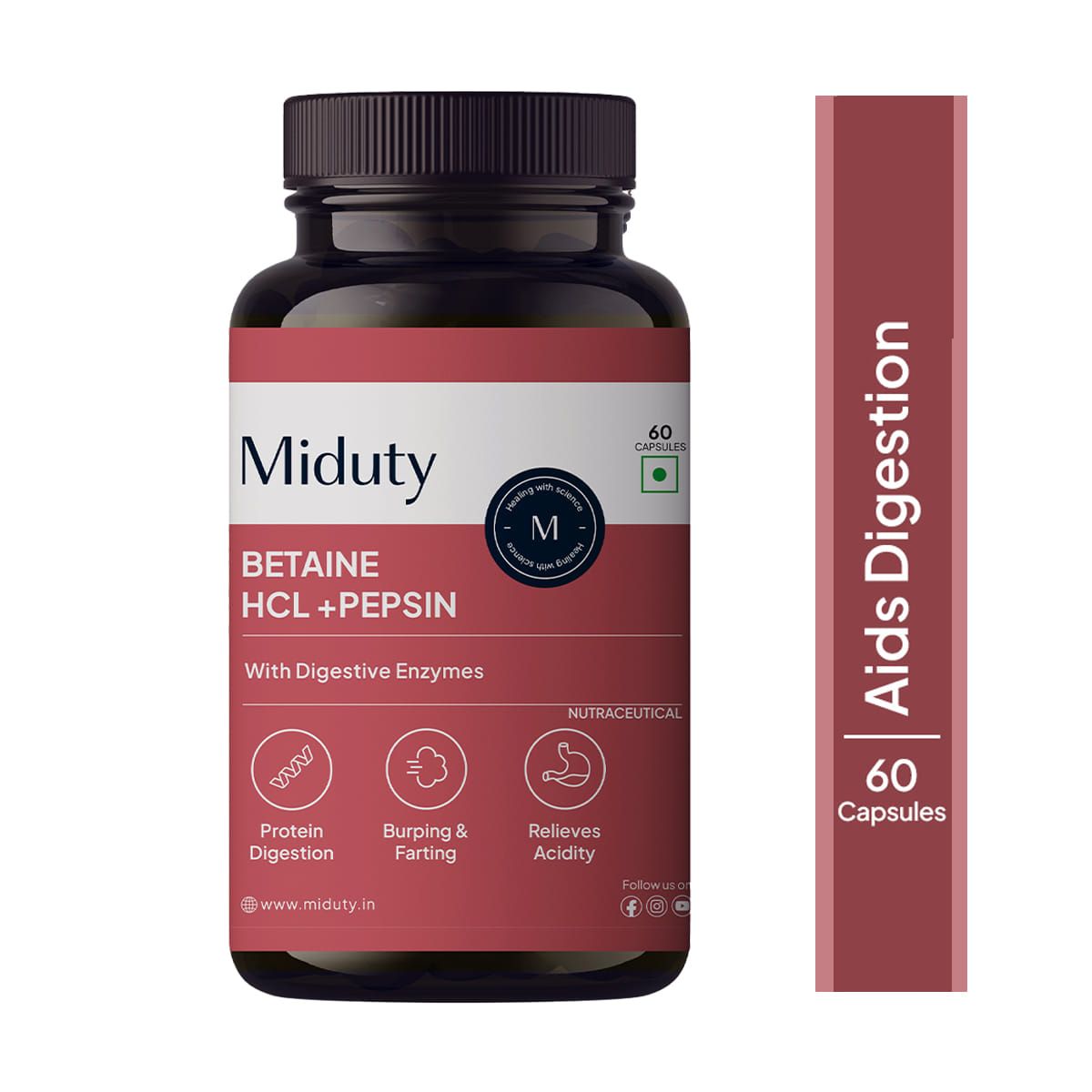 

Miduty Betaine HCL & Pepsin - Gas - Acidity - Bloating - Anti-acid Stomach Care- 60 Capsules