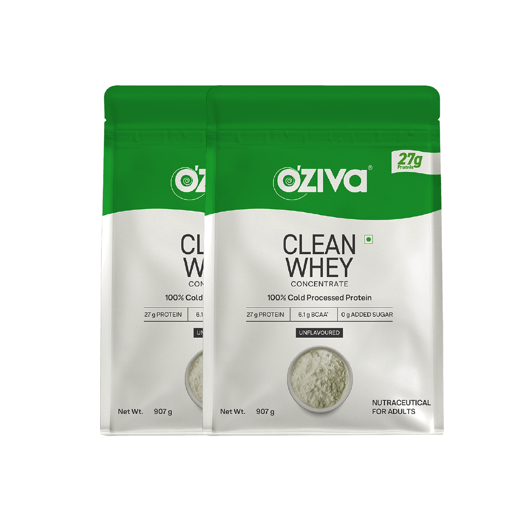 

OZiva Clean Whey Concentrate Protein Powder| 27g Protein| Cold-Processed, Unflavoured, 907g Pack of 2
