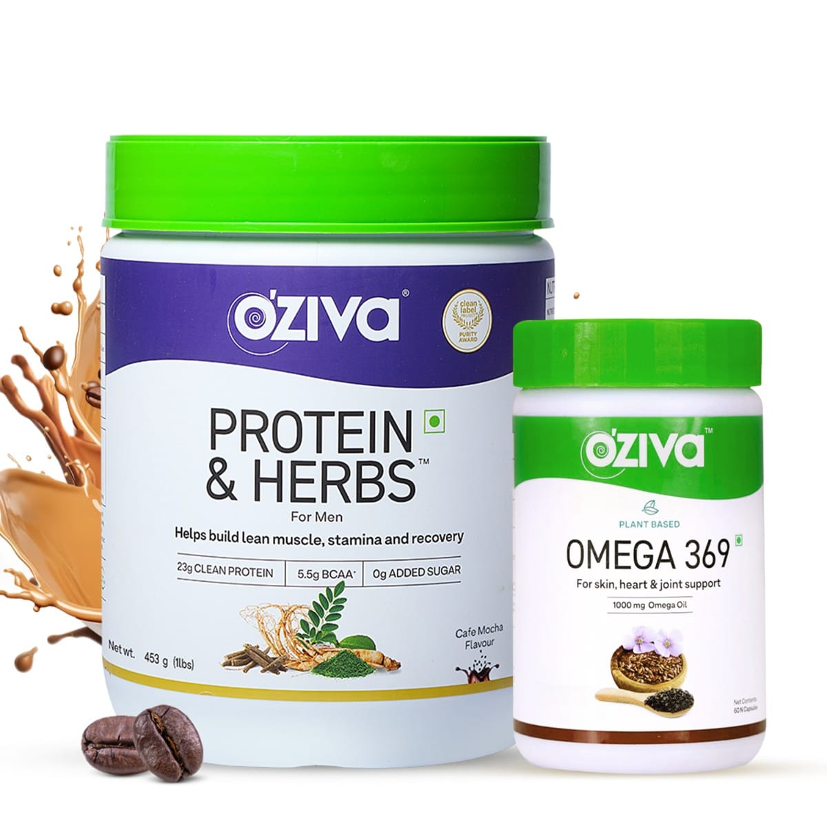 

OZiva Protein & Herbs for Lean Muscles & Stamina, Men - Cafe Mocha, (453g) & Plant Based Omega 369 Multivitamin Supplement For Men & Women (60 Caps...