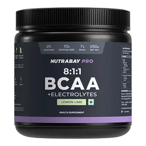 Nutrabay PRO BCAA 8:1:1 with Electrolytes - 7g Vegan BCAAs, 1000 mg Electrolytes - Intra/Post Workout Energy Drink - 250g, Lemon Lime