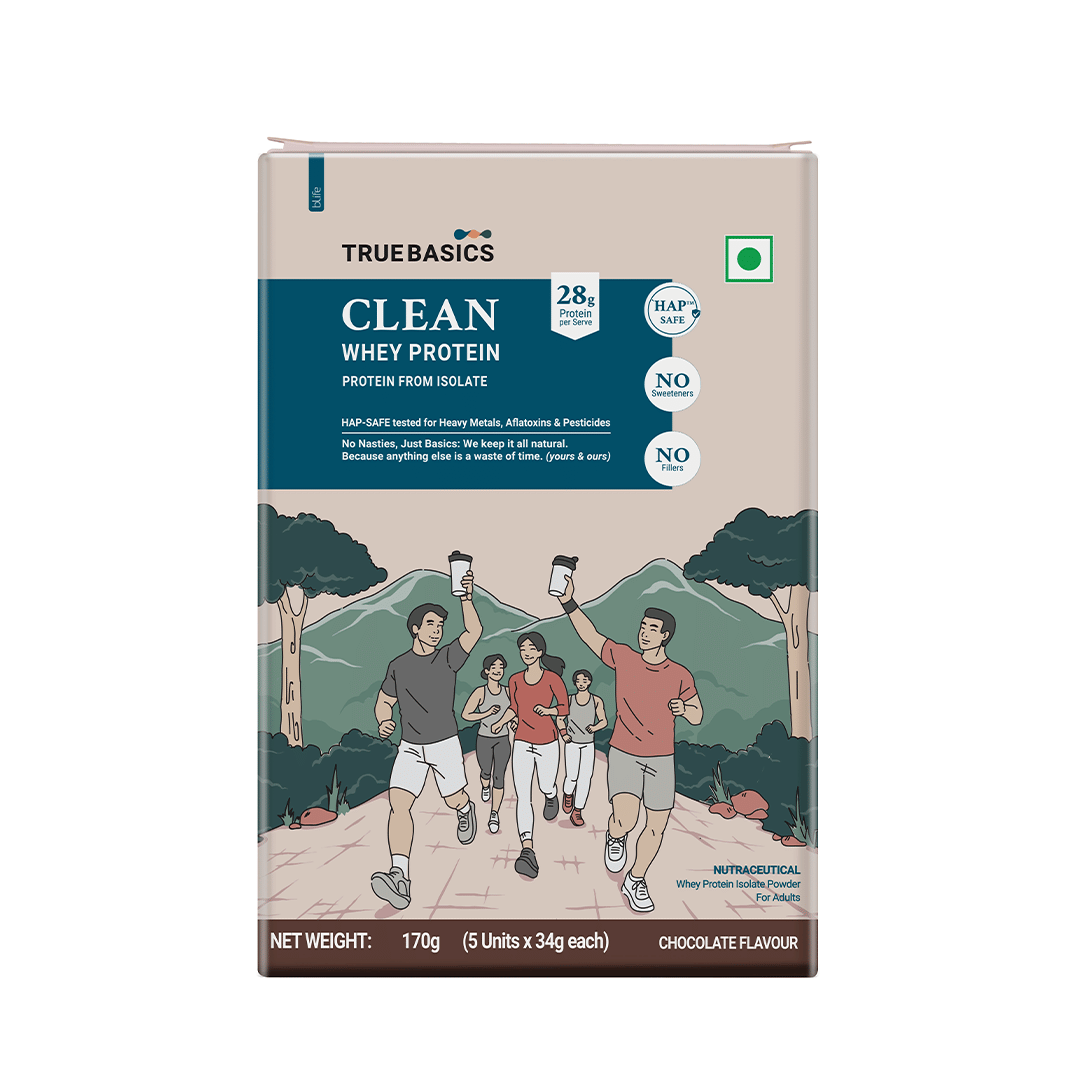 

TrueBasics Clean Whey 100% Protein Isolate Powder (Chocolate, 34gx5) | 28g Protein per Sachets | Trustified Gold Certified