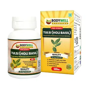BODYWELL Tulsi Pure Extract Capsule | Anxiety & Stress Relief | Skin & Eye Wellness | Supports Kidney Health | Supports Heart Health | 500mg  (60 Capsules)