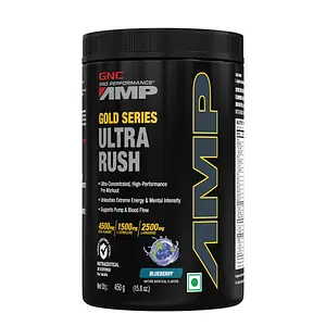GNC AMP Gold Series Ultra Rush | Maximum Energy & Stamina | Deep Mental Focus | Powerful Muscle Pump | USA Formulated | 4.5g Beta-Alanine | 1.5g L-Citrulline | 2.5g L-Arginine | Blue Raspberry | 450 g