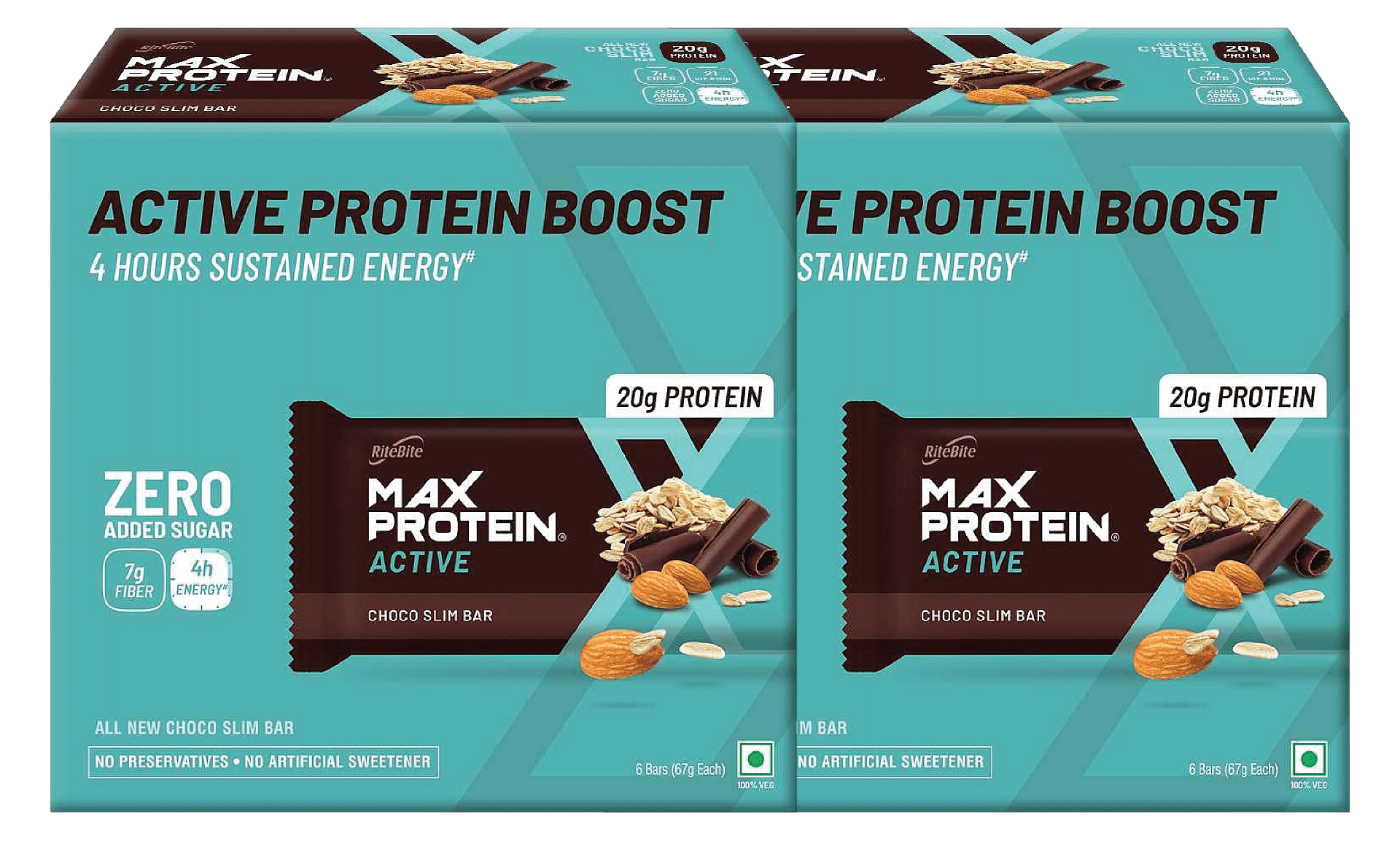 

RiteBite Max Protein Active Choco Slim | 6 Bars | 402 g | Pack of 2