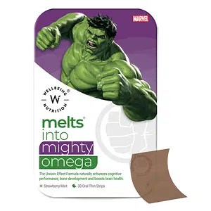 Wellbeing Nutrition Marvel Hulk Melts | Kids Vegan Algae Omega-3(EPA & DHA), Alpha GPC, Lutein| For Brain Development , Eye & Heart Health | Strawberry Mint Flavor (30 Oral Thin Strips)