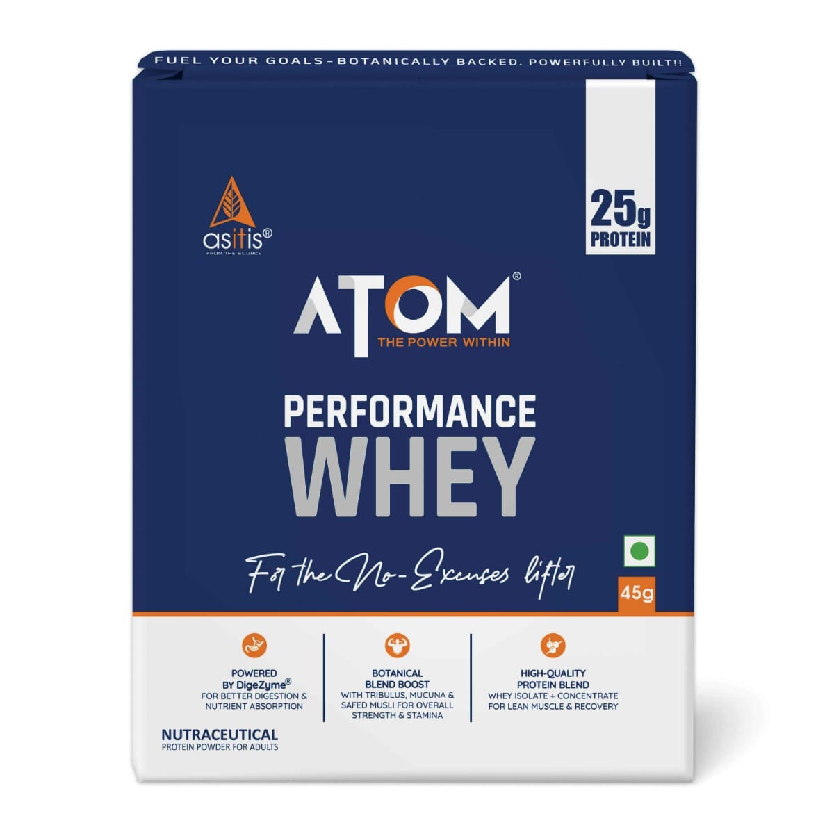 

AS-IT-IS ATOM Performance Whey - with Tribulus, Safed Musli, Mucuna Pruriens & DigeZyme I 25g Protein, For the no excuses lifters, Easy to Carry A...