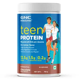 GNC milestones Teen Protein for Active Teens (13-17 Y) | Builds Strength & Stamina | Boosts Metabolism & Immunity | USA Formulated | 12.5g Protein | 1.5g Glutamine | 0.2g BCAA | Chocolate | 750g