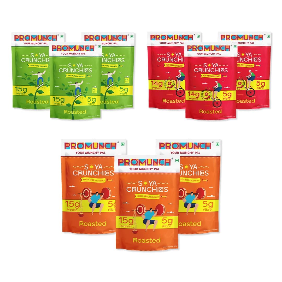 

PROMUNCH Soya Crunchies | High-Protein | Healthy | Gluten-Free (Tangy Pudina-3,Peri Peri-3,Noodle Masala-3) 30g Each