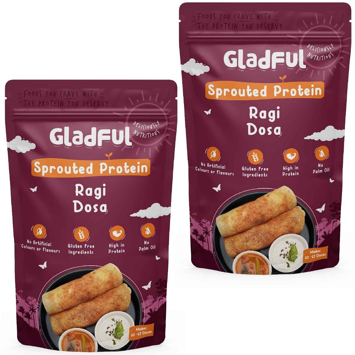 Gladful Sprouted Dosa Ragi Instant Mix Protein for Families and Kids - 400g each