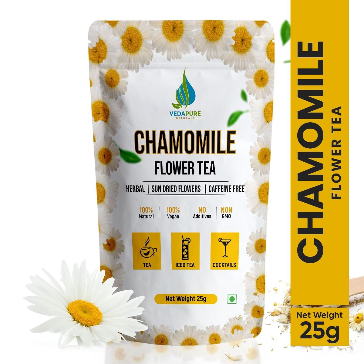 

VEDAPURE Chamomile Tea | Sun Dried Whole Chamomile Flower Buds | Stress Relief & Good Sleep Tea | Caffeine Free Pure Herbal Bed Time Tea | - 25 Gm