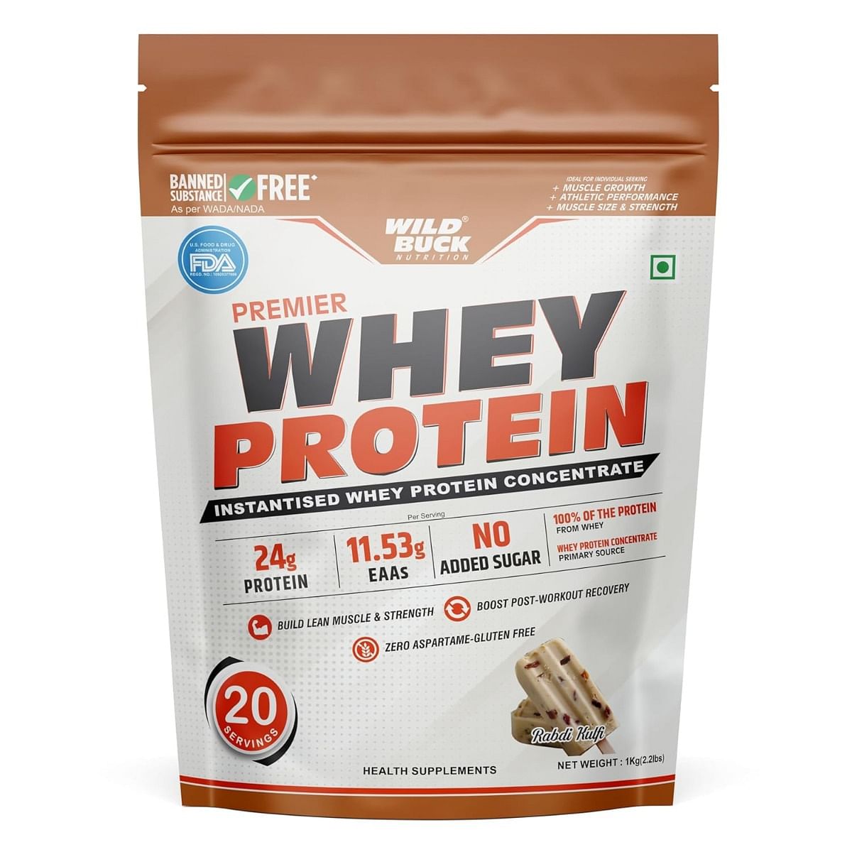 

WILD BUCK Premier Whey Protein Concentrate 100%, 24g High Protein, 5.43g BCAA, 11.53g EAA & Added Digestive Enzymes for Muscle-Building For Men & W...