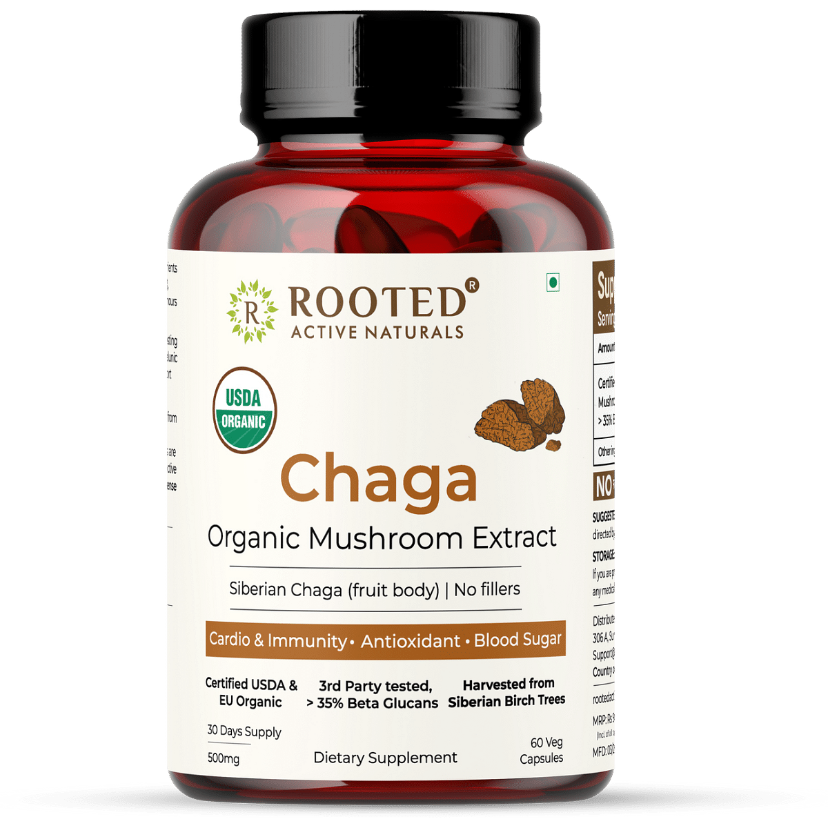 

Rooted Actives Siberian Chaga mushroom Extract (60 Caps, 500 mg) |Blood Sugar, Heart & Immunity. USDA Organic, 35% Beta Glucans