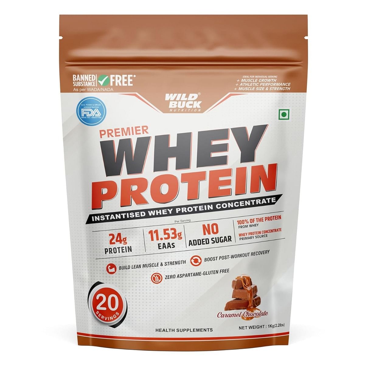 

WILD BUCK Premier Whey Protein Concentrate 100%, 24g High Protein, 5.43g BCAA, 11.53g EAA & Added Digestive Enzymes for Muscle-Building For Men & W...