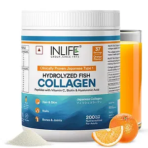 INLIFE Hydrolyzed Marine Fish Collagen Peptides Powder, Clinically Proven (with Biotin, Hyaluronic acid & Vitamin C) Supplement for Skin Hair for Men Women, Type 1 Collagen, 200 grams (Orange)