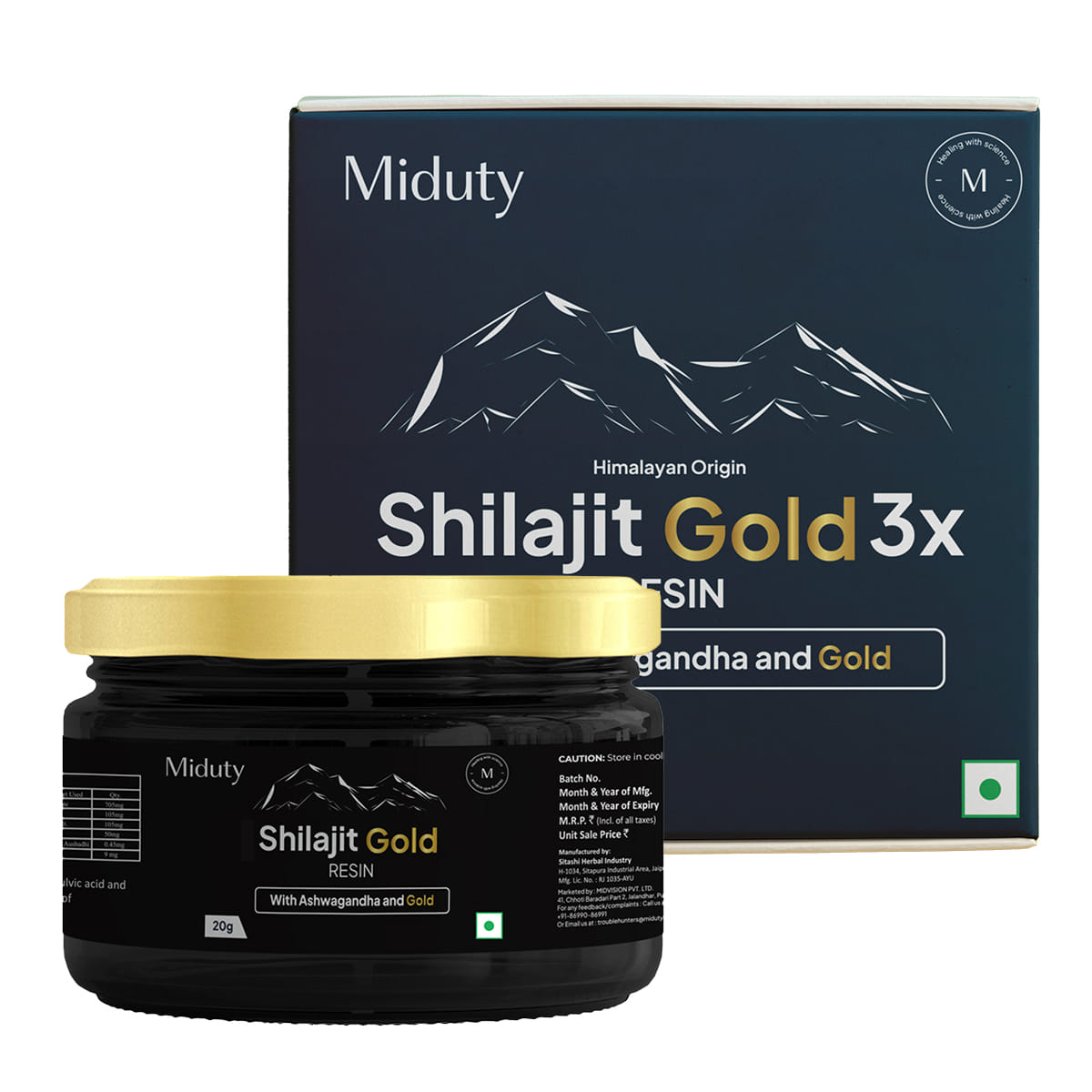 Miduty Shilajit Gold 3x - Ashwagandha - Safed Musli - Men Sexual wellness - Stamina Testosterone - 20g