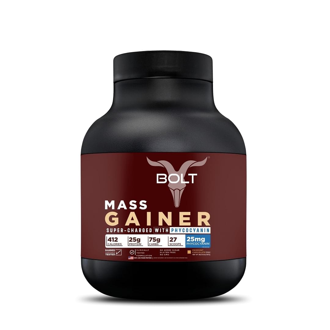 Bolt Mass Gainer | Weight Gainer | Supercharge with Phycocyanin | 25g Protein, 75g Carbs & 412 Calories For Muscle Gainer & Weight Gain Objectives |Piedmont Chocolate