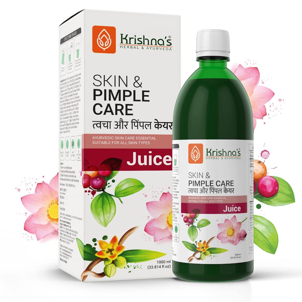 

Krishna's Skin & Pimple Care Juice - 1000 ml | Ayurvedic skin Care Expert with Manjisth, Rose, Sankhpushpi & 13 other herbs