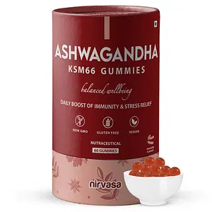 Nirvasa Ashwagandha KSM66 Gummies, for immunity, Vitality and Vigour, enriched with Ashwagandha KSM66 Extract and Vitamin D3 (Cholecalciferol) with Tamarind Flavour,   NON-GMO, Gluten Free, Sugar Free, 1B (1 x 60 Gummies)