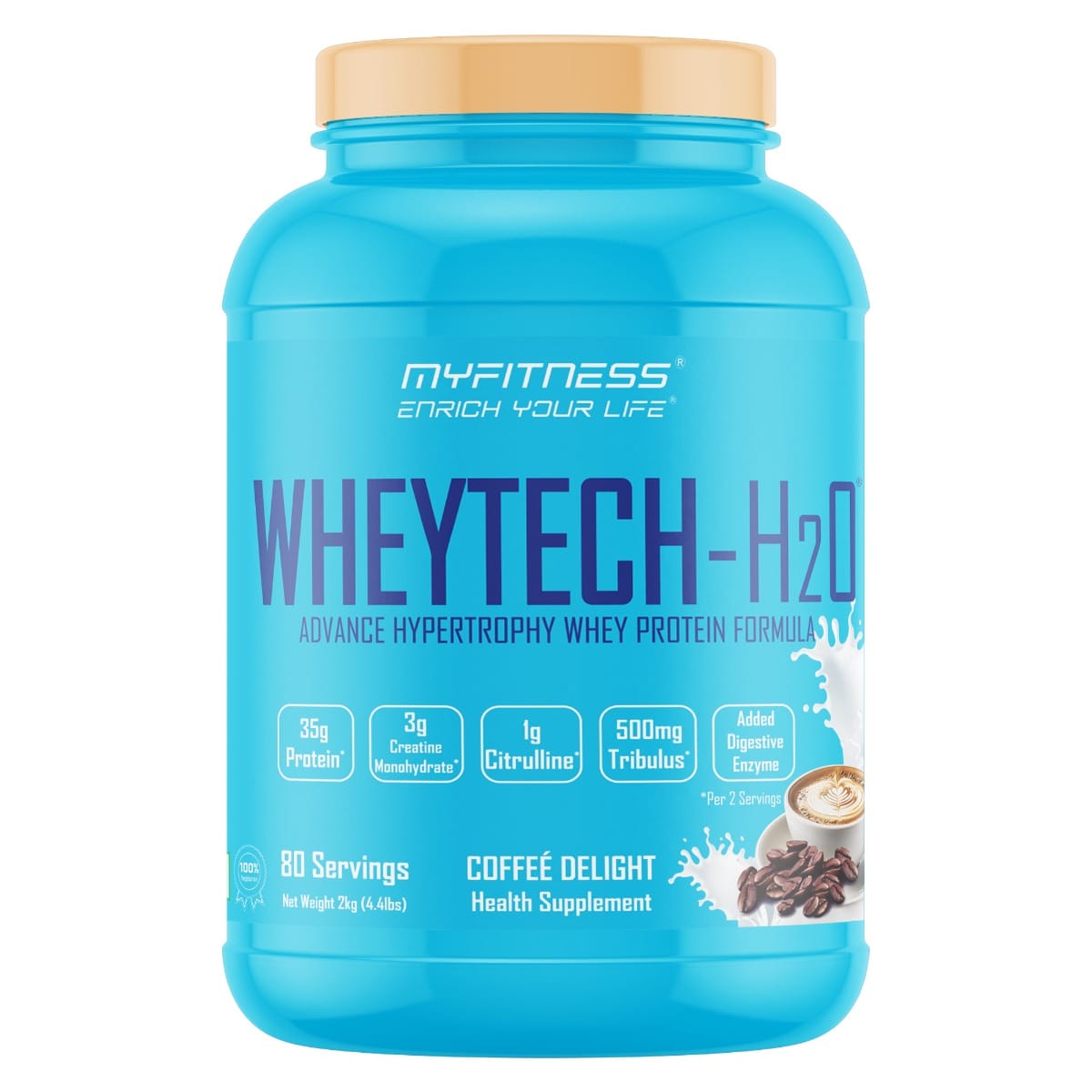 

MYFITNESS ® Wheytech H2O | Coffee Delight | With Added Creatine, Tribulus, L-Citrulline, Digestive Enzymes | 2kg | 80 Servings