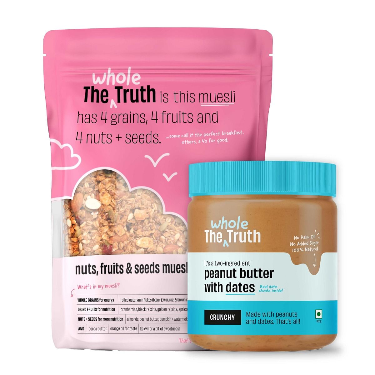 

The Whole Truth - Breakfast Combo | Peanut Butter with Dates Crunchy (325g) & Nuts, Fruits and Seeds Muesli (350g) | No Added Sugar | No Preservati...