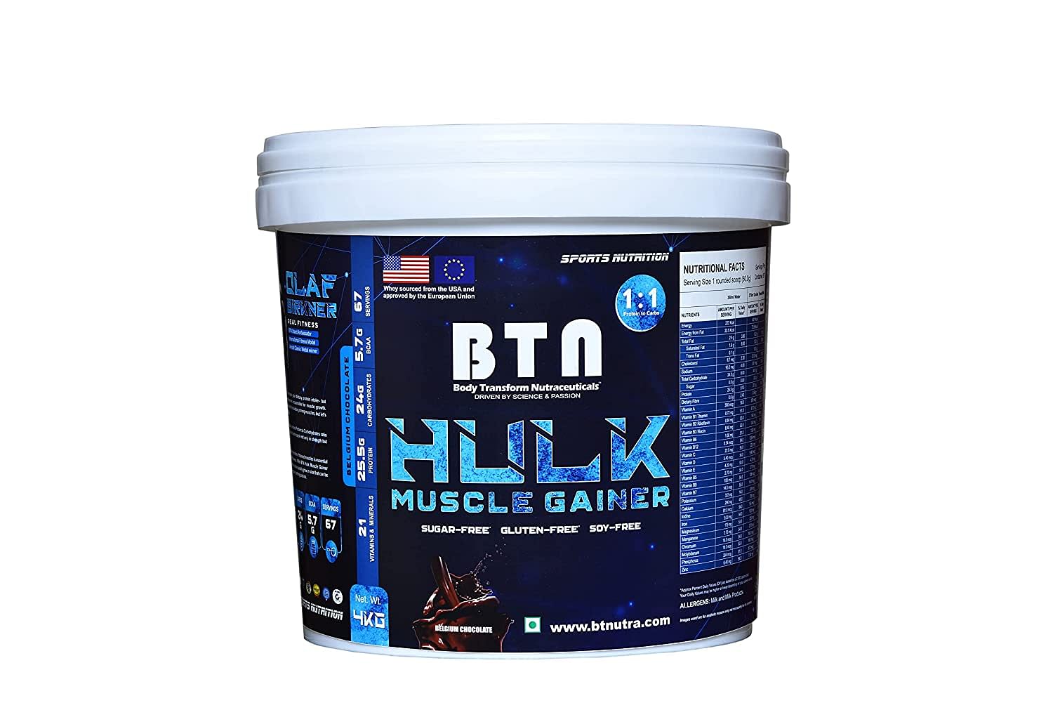 

Body Transform Nutraceuticals BTN HULK - MUSCLE GAINER Protein to Carbs Ratio [1:1] - 8 lbs. (4 kg) (Belgium Chocolate),Sugar Free, Gluten Free, So...