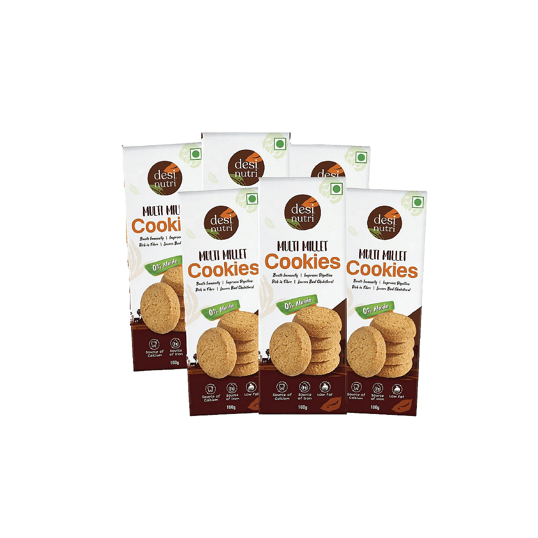 

Desi Nutri Multi Millet Cookies 100g Each | Ready to Eat Cookies | Millet Cookies | Snacks | Rich in Fiber & Immunity | Pack of 6