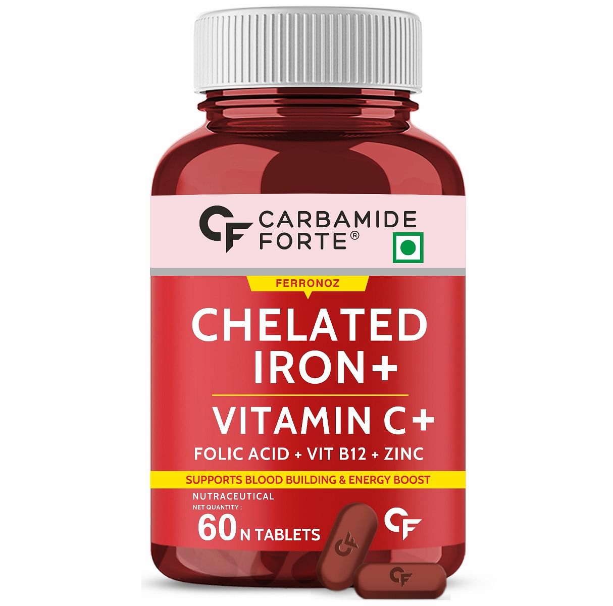 

Carbamide Forte Chelated Iron + Vitamin C, B12, Folic Acid & Zinc - 60 Veg Tablets